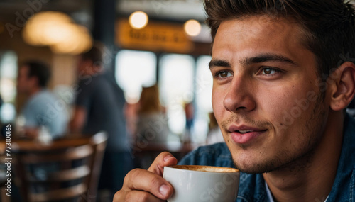Young man enjoying coffee at a café