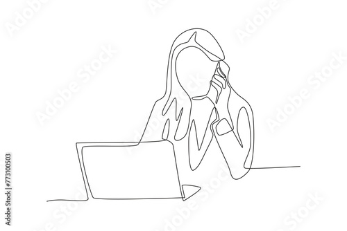 business woman calling in front of laptop seriously.Business call one-line drawing