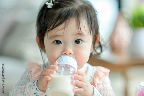 Pretty baby girl is drinking milk in a bottle
 photo
