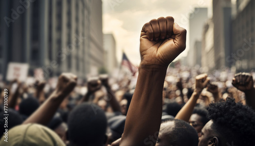 Raised fist of black African man like the symbol of the protest 