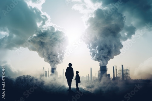 Silhouette of an adult and child facing industrial smokestacks, a dramatic symbol of environmental impact on future generations.