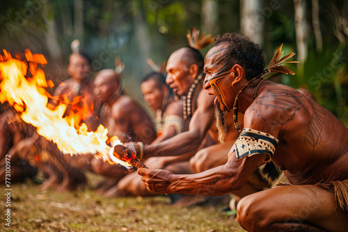 Group of Yugambeh Aboriginal warriors men demonstrate fire making craft during Aboriginal culture show in Queensland, Australia
 photo