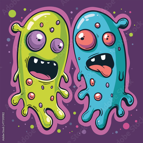 Colorful cartoon of two quirky, slimy monsters