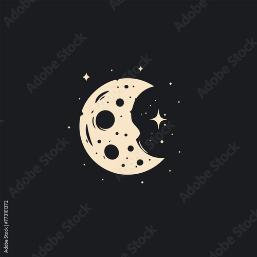 Minimalist art of a moon with craters surrounded by stars