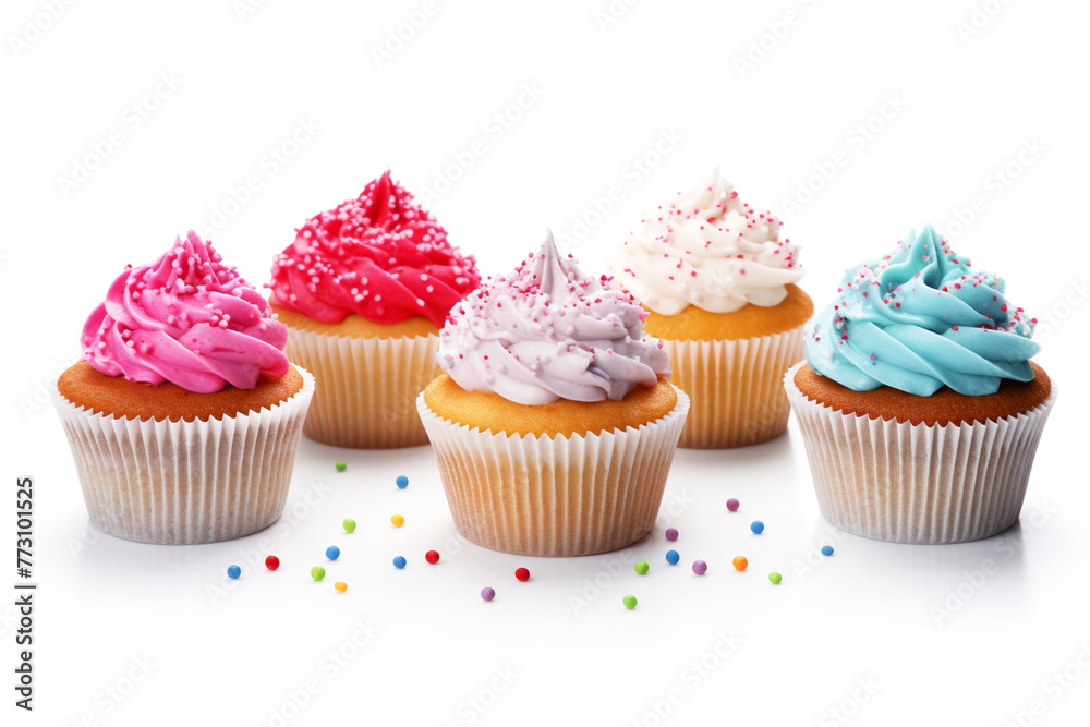 Delicious colorful cupcakes with sprinkles on a white background.