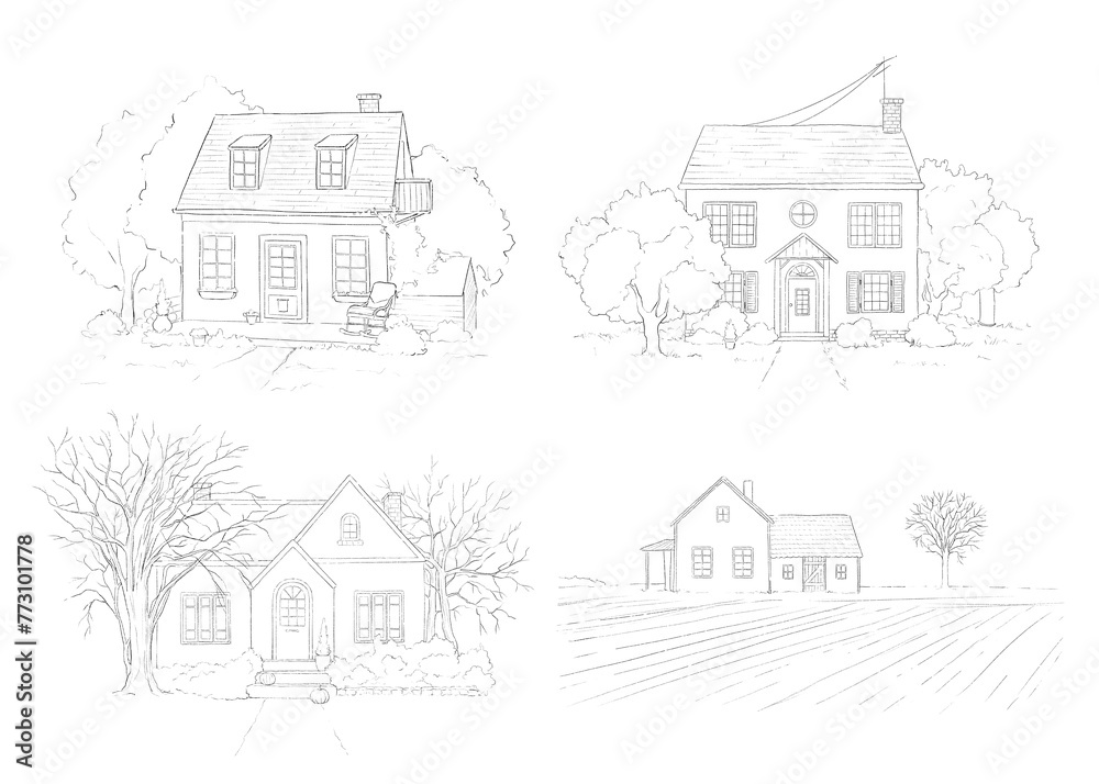 Set with autumn landscape with country houses and trees isolated on white background. Graphic outline sketch illustration