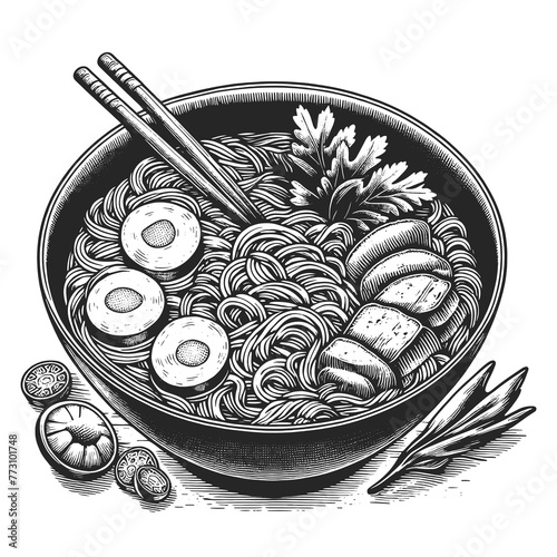 Asian Ramen noodle soup in a bowl with chopsticks, accompanied by various seasonings sketch engraving generative ai raster illustration. Scratch board imitation. Black and white image.