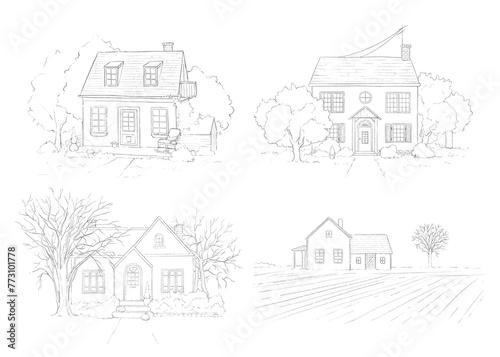 Set with autumn landscape with country houses and trees isolated on white background. Graphic outline sketch illustration