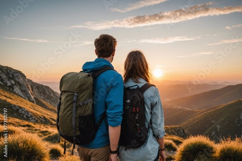 Rear view of young couple on a hiking trip at sunset