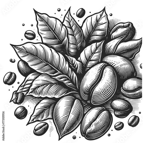 beans surrounded by lush coffee plant leaves sketch engraving generative ai fictional character raster illustration. Scratch board imitation. Black and white image.