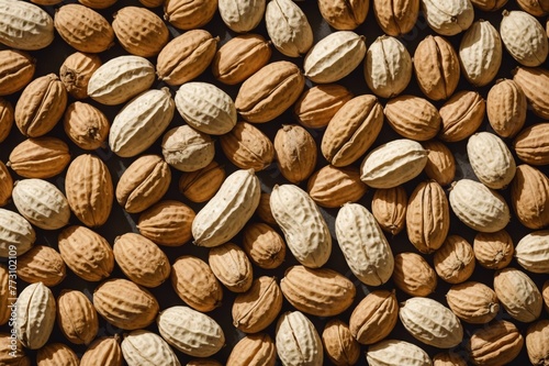 Overhead view of organic peanuts on light surface food background