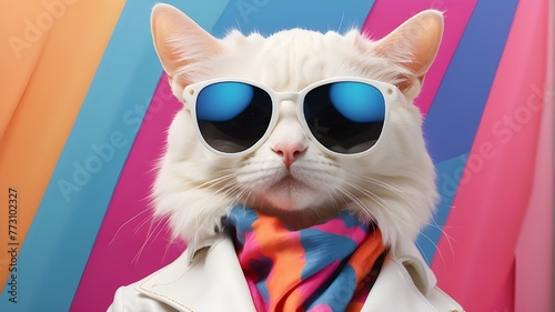 AI-generated artwork of a chic white cat wearing a fashionable outfit and sunglasses as it looks at the camera against a pair of colored backgrounds. © Shehzad