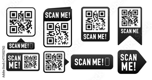 Qr code vector frames set. Scan me your phone tag. QR code mockup, layout. Qr code for payment, e-wallet, web, mobile app. UI UX design element. Barcode scan for smartphone. Vector illustration