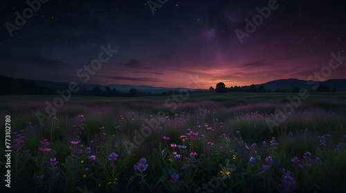 Wild flower field in the night magical lights. Summer meadow. Fantastical fantasy background of magical purple .generative.ai