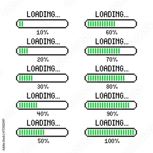 Pixel art 8-bit green loading bar concept. Loading or Installing process. Vector illustration