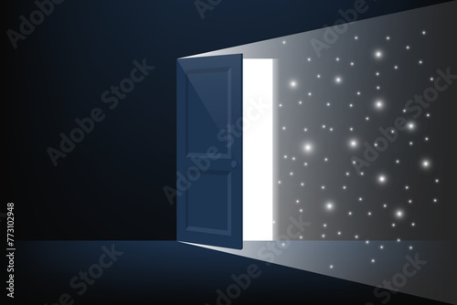 Dark room, light coming through an open door - new opportunities, hope, overcoming problems, symbol of a new career, finding solutions. Business concept. Vector illustration