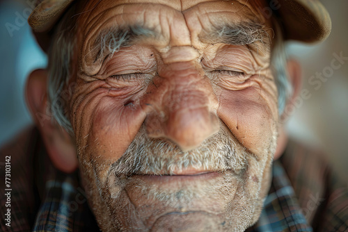 Senior Old Man Eyes Closed, Elderly People Portrait, Aged Face close up 