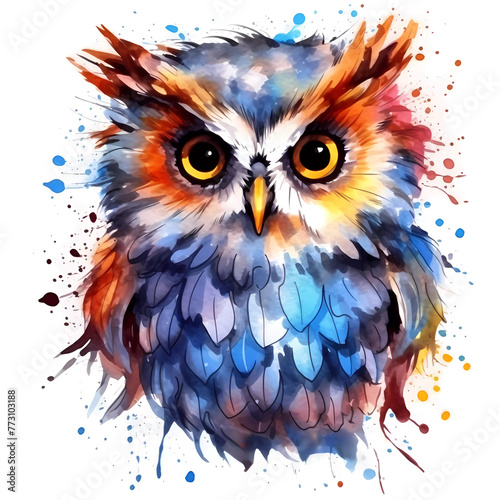 Colorful watercolor illustration of an owl with intense gaze © filirovska