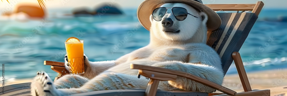 A polar bear in a hat and glasses is relaxing on the beach in a chaise longue drinking orange juice. 3d illustration - obrazy, fototapety, plakaty 