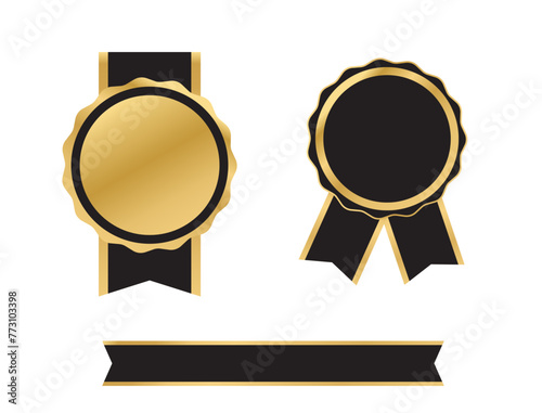 Blank gold medal token and ribbon banner. Premium quality badge. Rosette icon. Quality certificate icon.Vector illustration
