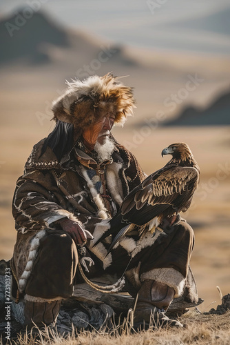 Old-man eaglehunter with golden eagle in mongolia desert 