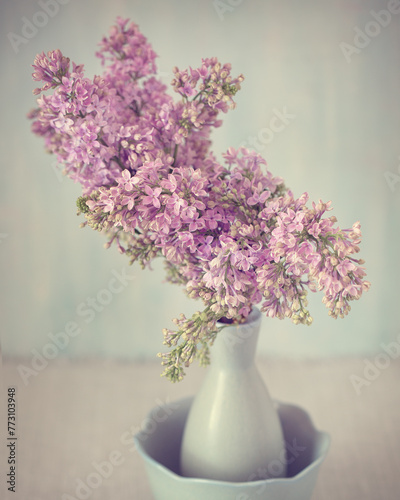 A beautiful lilac in a vase on a table. Blue background.Pastel tonality and soft focus.
