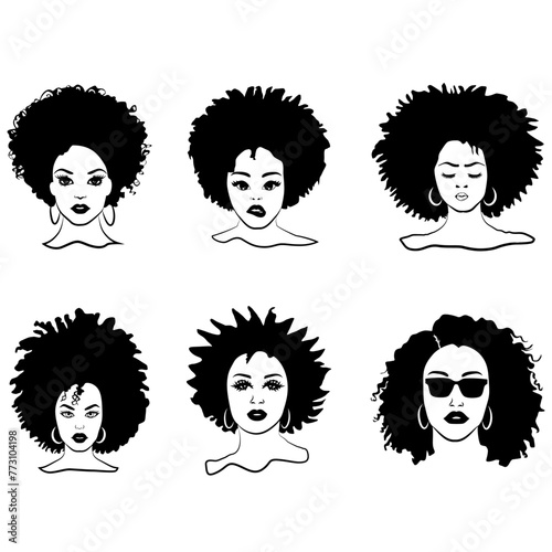 Set of Black African American woman, African Women Vector, Black woman with afro hair silhouette vector, Beautiful portrait of an African American woman in vector, afro woman in vector design