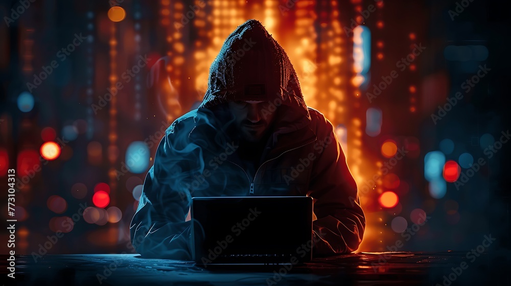 Hacker at the computer in dark Background Cyber espionage and digital security concept AI generated