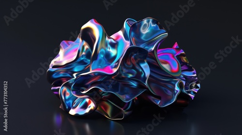 Abstract floating shape made of liquid metal. Holographic rainbow object material for graphic design.