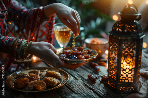Ramadan food and drinks concept. Woman hand reaches out to a plate with date with Ramadan Lantern with arabian lamp, wood rosary, tea, dates fruit and lighting on a wooden table
 photo