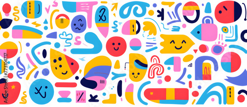 Various colorful abstract shapes in vector format  in the style of joyful chaos  doodles cartoon geometric background