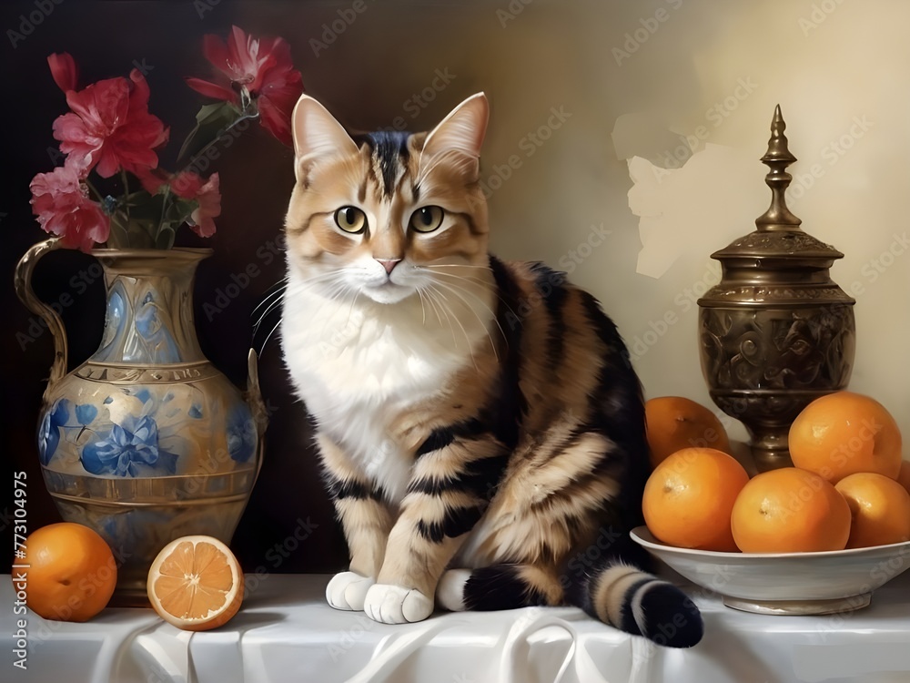 still life with cat, painting by sergey and vera artmajeur