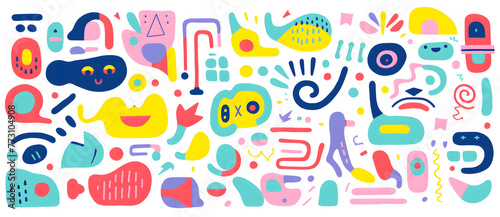 Various colorful abstract shapes in vector format, in the style of joyful chaos, doodles cartoon geometric background