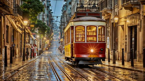 Old tram in the city created with Generative AI technology
