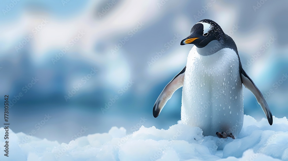 Fototapeta premium penguin in an iceberg pointing its flipper wing on blue background with copy space AI generated