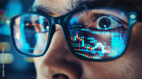 A close-up of an eye reflecting vibrant digital stock market data through glasses. photo