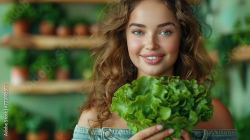 very fat happy woman eating a single leaf of lettuce salad, standing whole body figure, looking at camera,