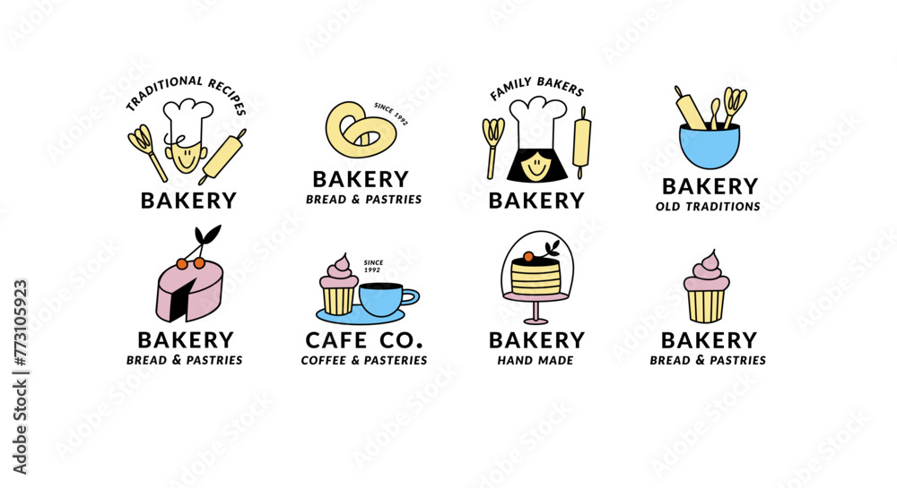 Vector set of templates linear logos for bakery, cafe, cupcake shop, pastries. Emblem with bakery objects Vector set of templates linear logos for bakery, cafe, cupcake shop, pastries. Emblem with bakery objects