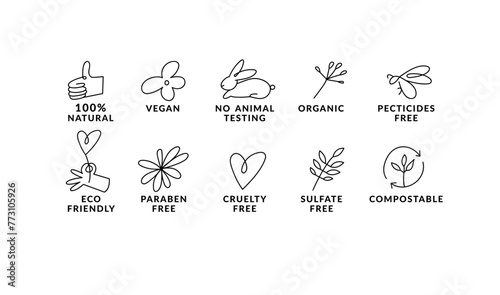 Vector set linear icons, logos or labels for natural and organic products. Outline symbols for food and cosmetics