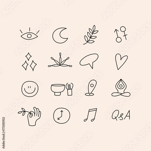 Vector set design colorful templates icons and emblems for yoga teachers- social media story highlight. Different blogger icons in trendy linear style isolated