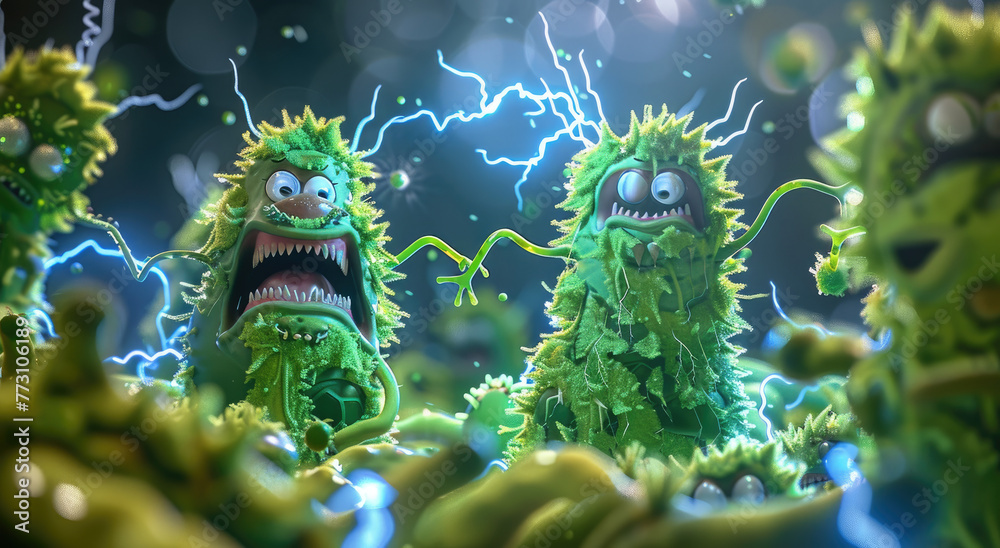 A group of cute green bacteria with big eyes and open mouths, fighting against a blueish black background - obrazy, fototapety, plakaty 