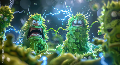 A group of cute green bacteria with big eyes and open mouths, fighting against a blueish black background photo
