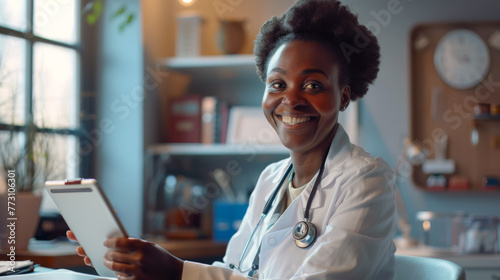 A smiling healthcare professional with a stethoscope sits in a medical office. photo