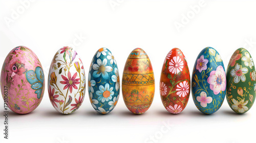 Collection of colourful hand painted decorated easter eggs on white background cutout file. Pattern and floral set. Many different design. Mockup template for artwork design.