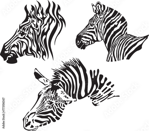 Tribal zebras vector illustrations set  great for decals  stickers and T-shirt designs. Cartoon mascot characters  ready for vinyl cutting.