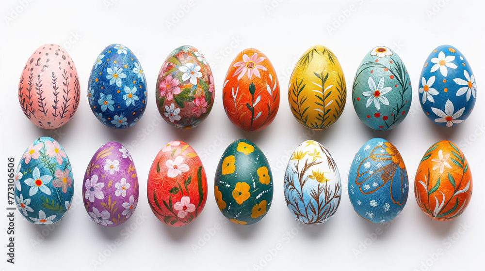 Collection of colourful hand painted decorated easter eggs on white background cutout file. Pattern and floral set. Many different design. Mockup template for artwork design.