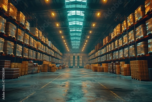 Interior of a large logistics center warehouse