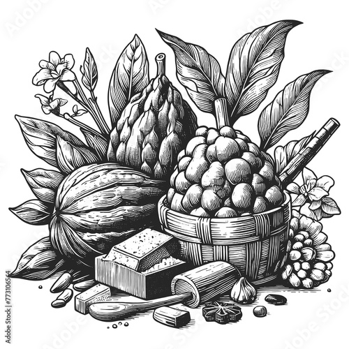 cocoa pods amidst lush foliage with a chocolate bar indulgence sketch engraving generative ai raster illustration. Scratch board imitation. Black and white image.