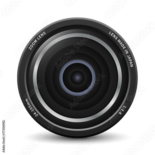 Camera lens icon. Camera photo lens with shutter release front view, realistic 3D vector icon. Vector illustration