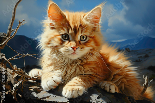 A charming orange kitten with a mischievous expression, nestled against a calming blue background, capturing the contrast of its vibrant fur against the serene color.